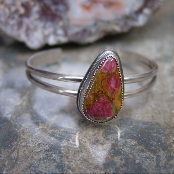 Sterling Silver Ruby Fushite Bracelet Cuff Handcrafted by Sandy Robinson Jewelry - Picture 3 of 7
